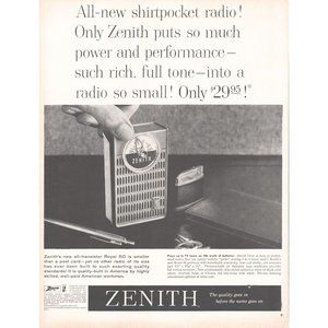 1960 Zenith Transistor Pocket Radio Royal 50 Vintage Print Ad MCM Wall Art 60s